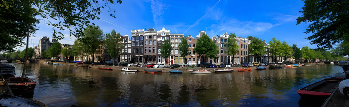 Sunlit houses along a leafy canal