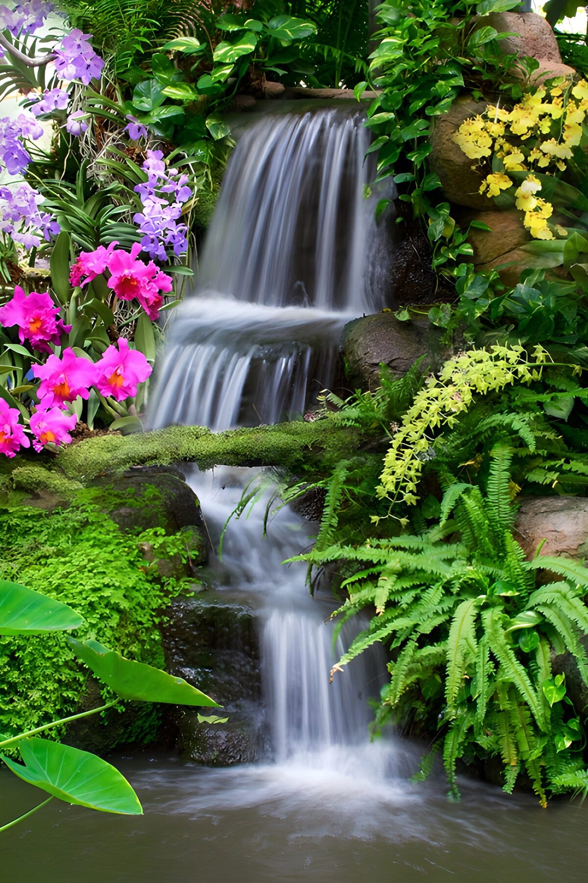 Tiered waterfall with tropical flowers