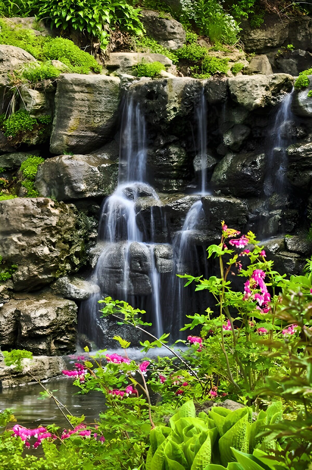 Quiet garden waterfall with pink flowers