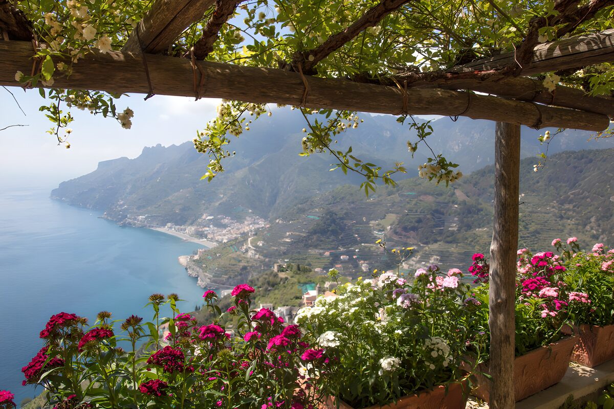 Sunlit flower terrace above a blue bay