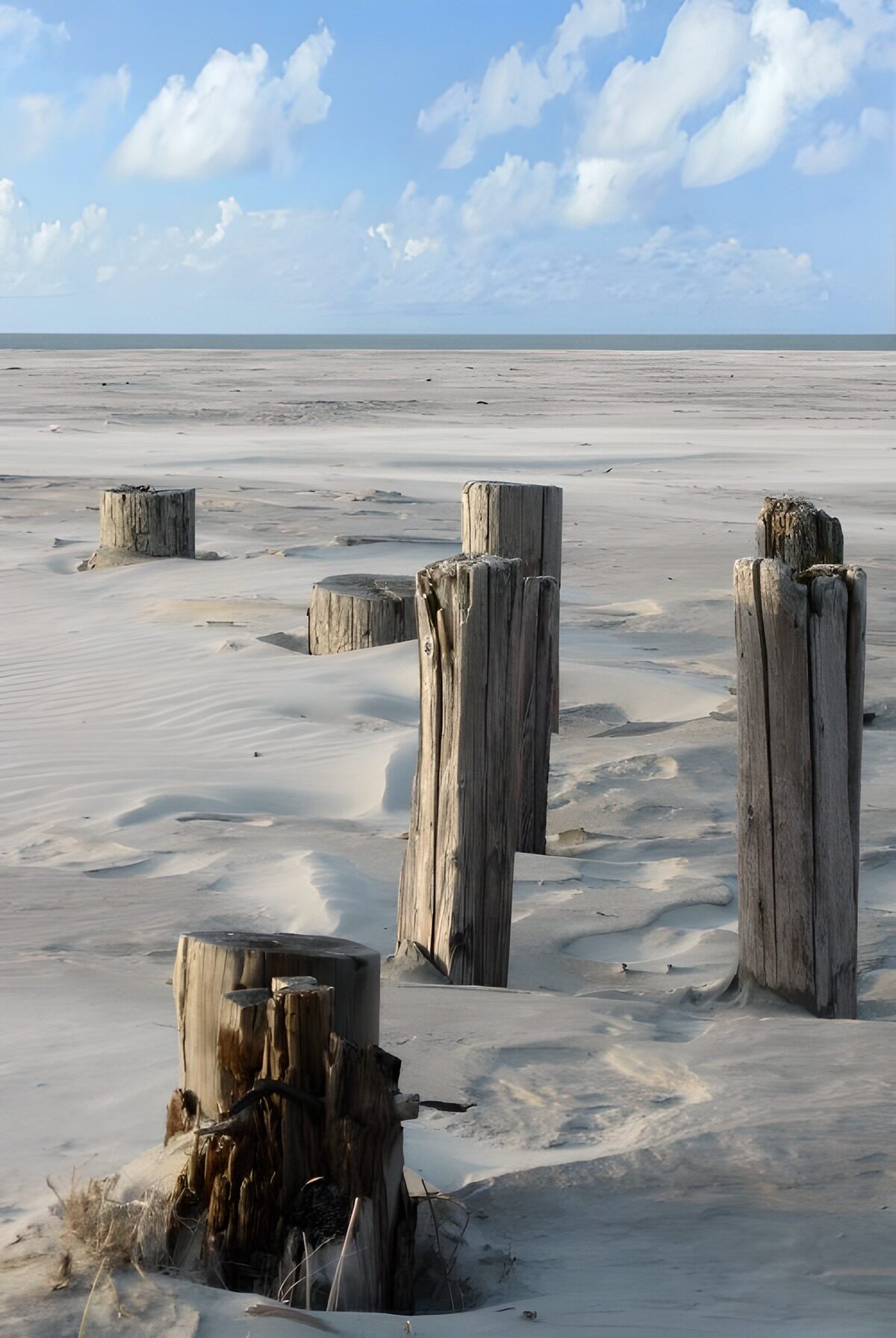 Weathered posts on a quiet beach