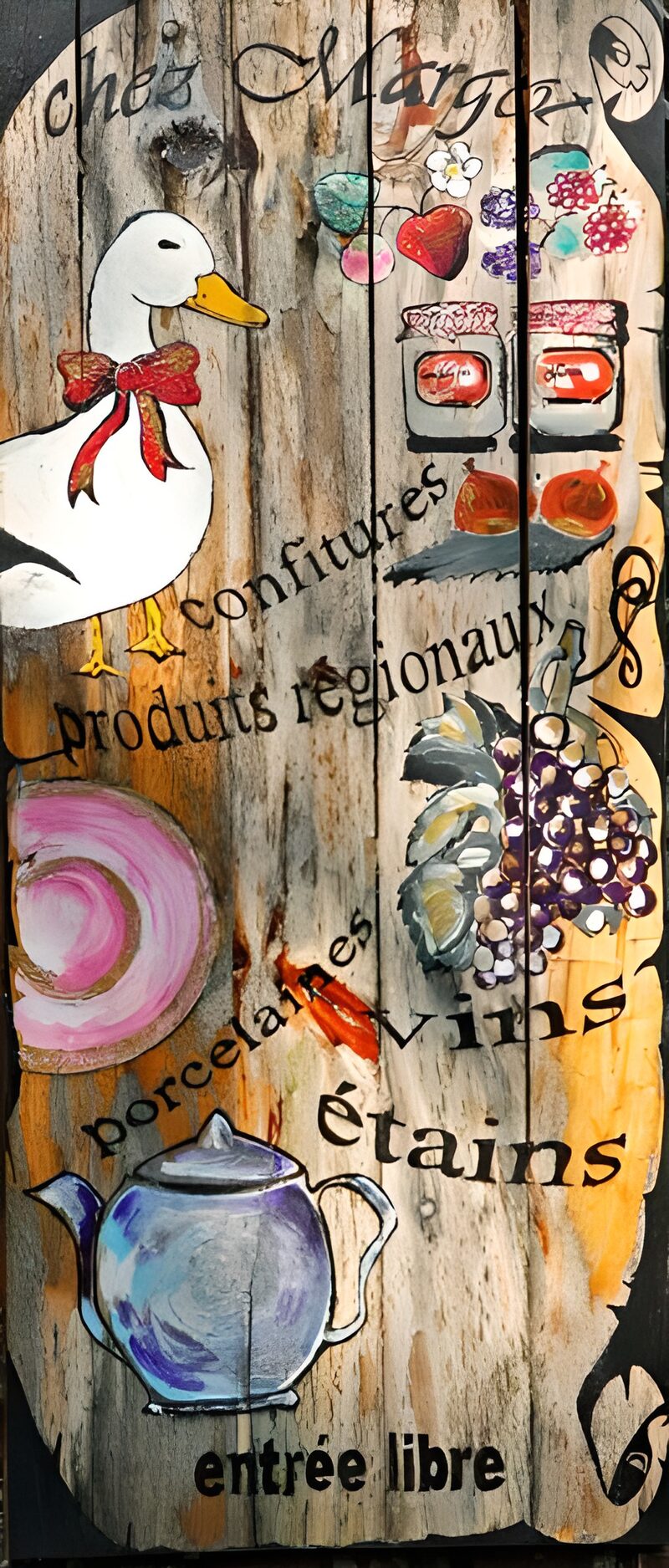 Rustic wooden sign with duck and teapot