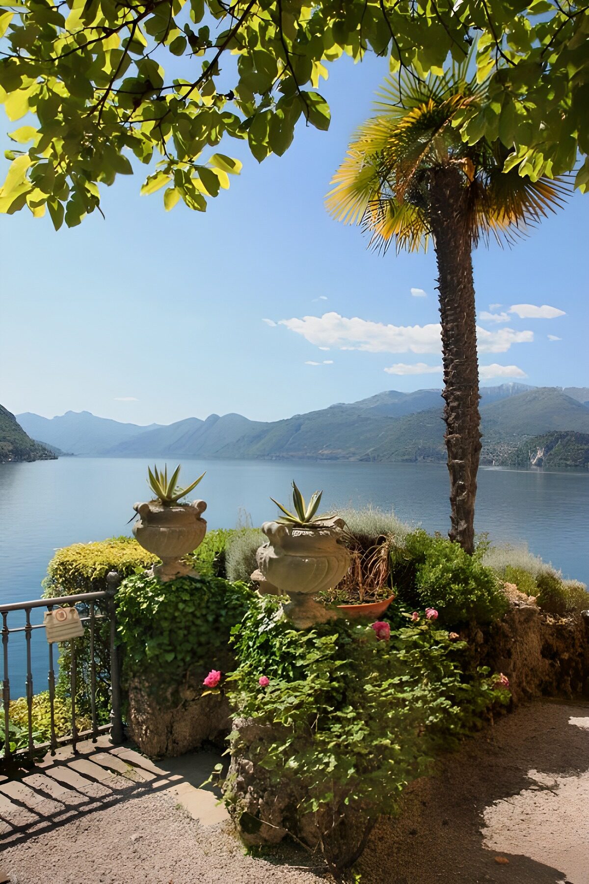 Sunlit garden terrace above the lake