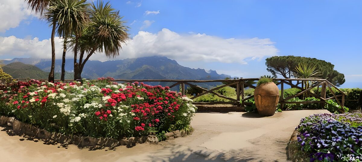 Sunlit flowerbeds with a mountain view