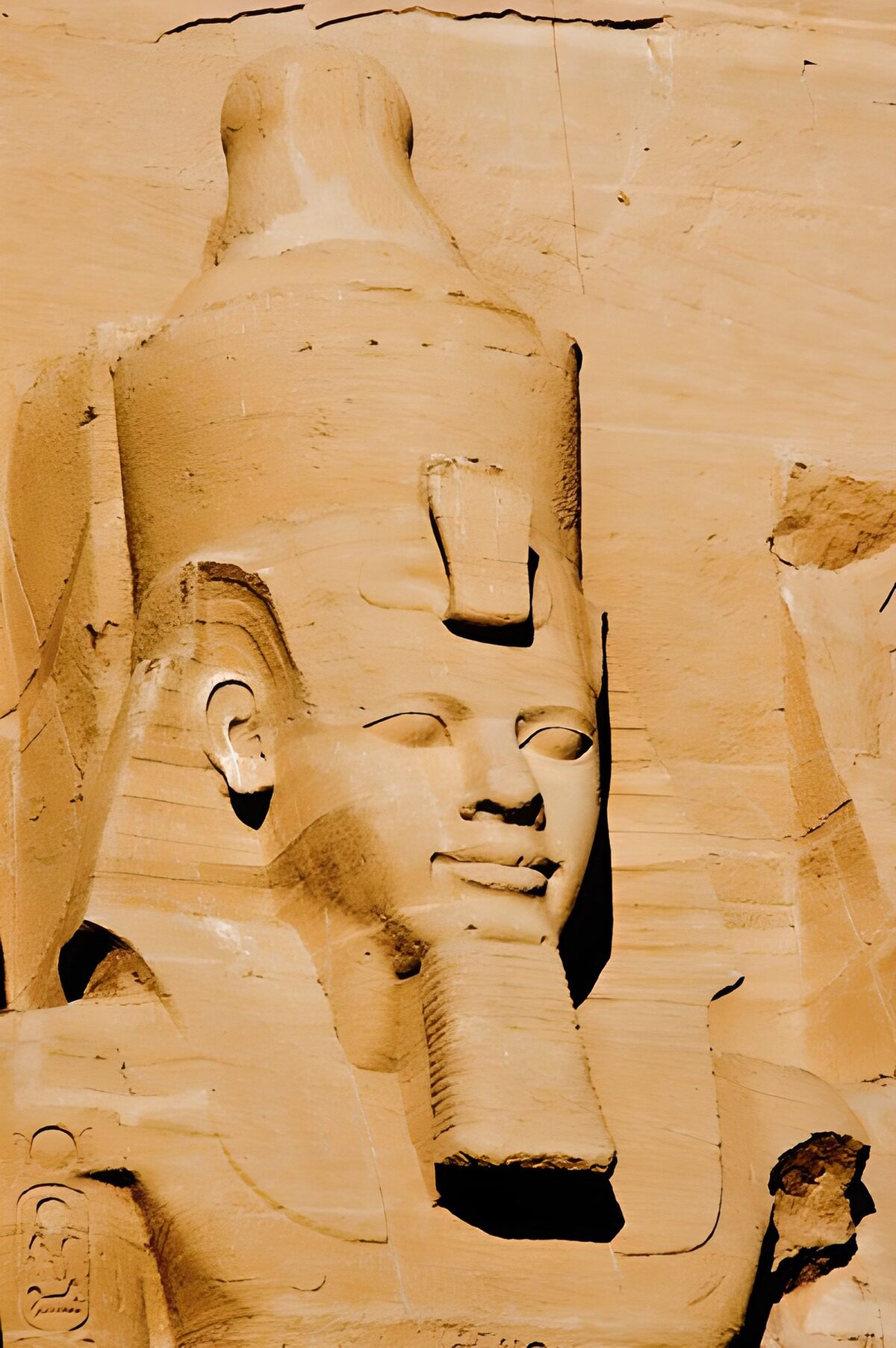 Sunlit pharaoh carved into rock