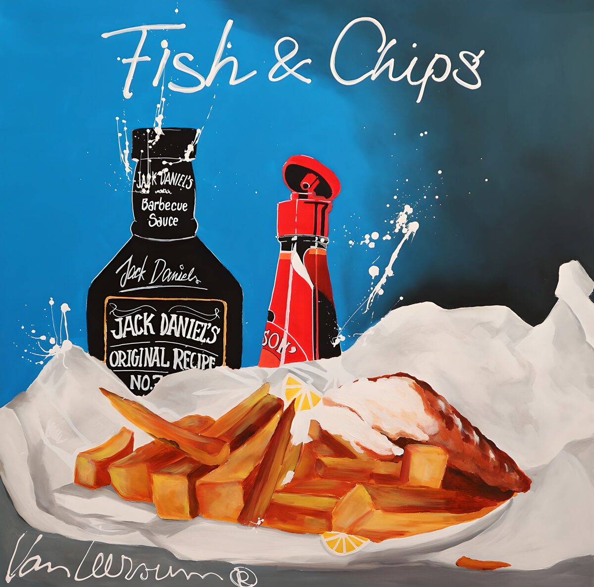 Fish and chips with sauce on blue