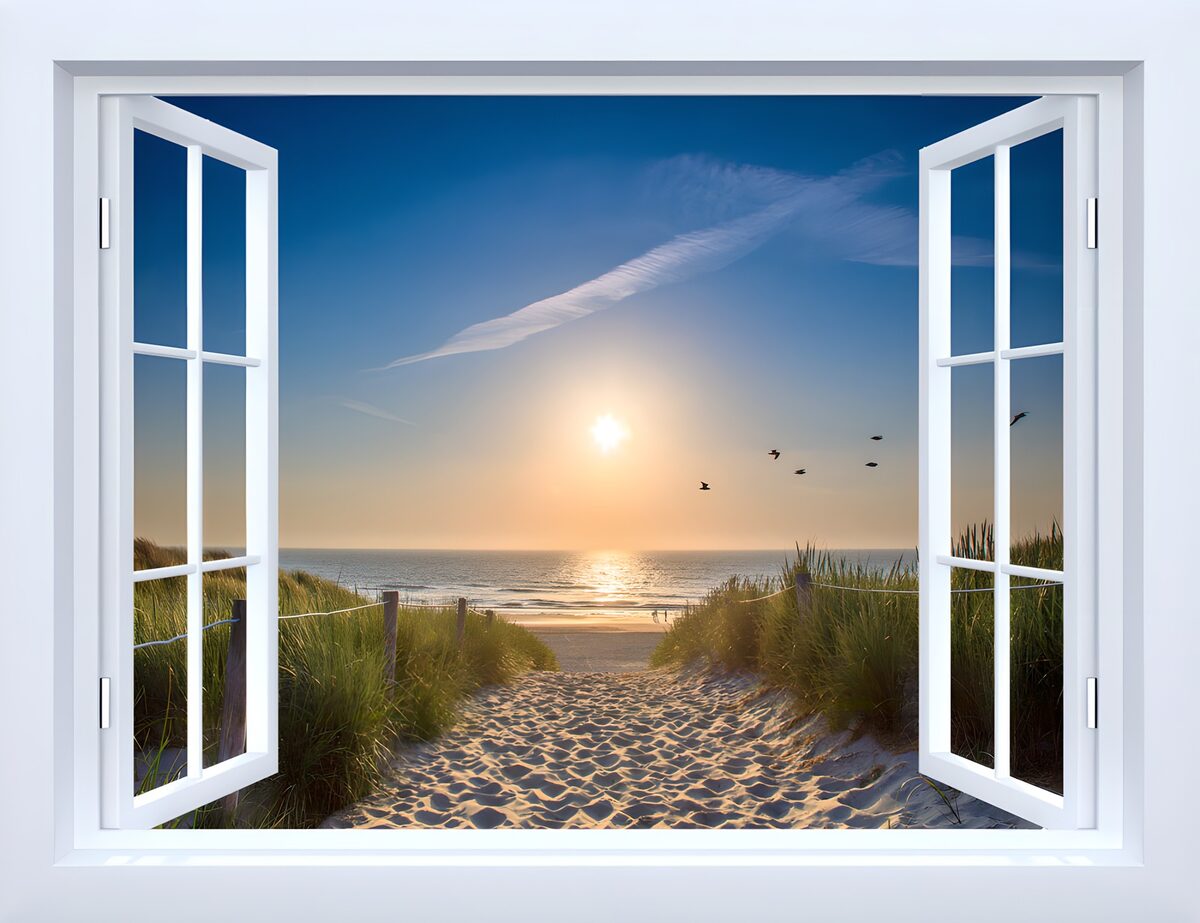 Open window over a golden beach