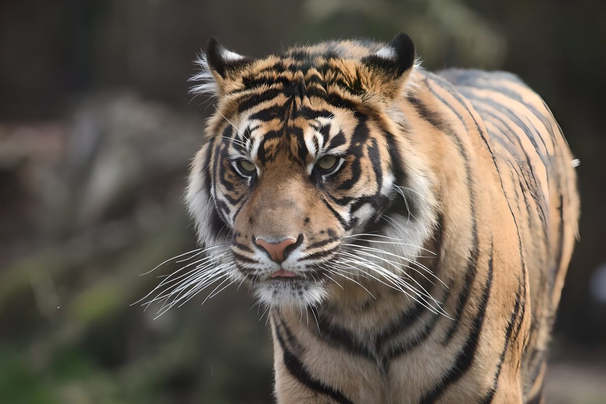 Tiger close-up, alert and focused