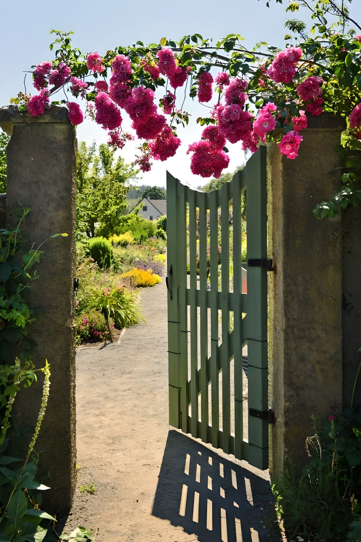 Sunlit garden with an open green gate