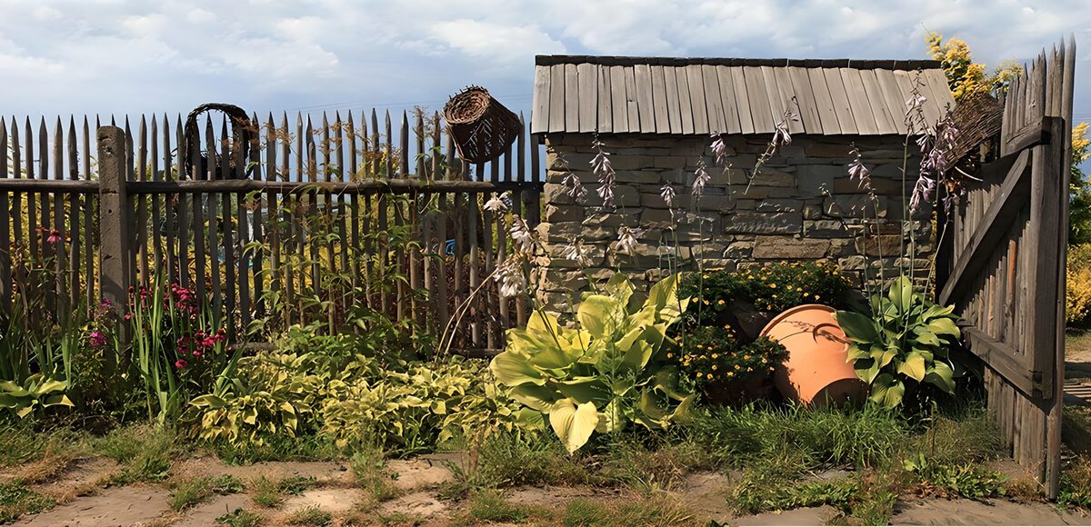 Sunlit garden beside a stone shed