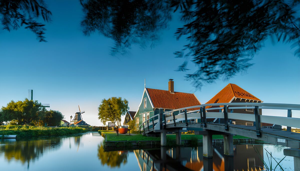 Windmills and a bridge in warm light