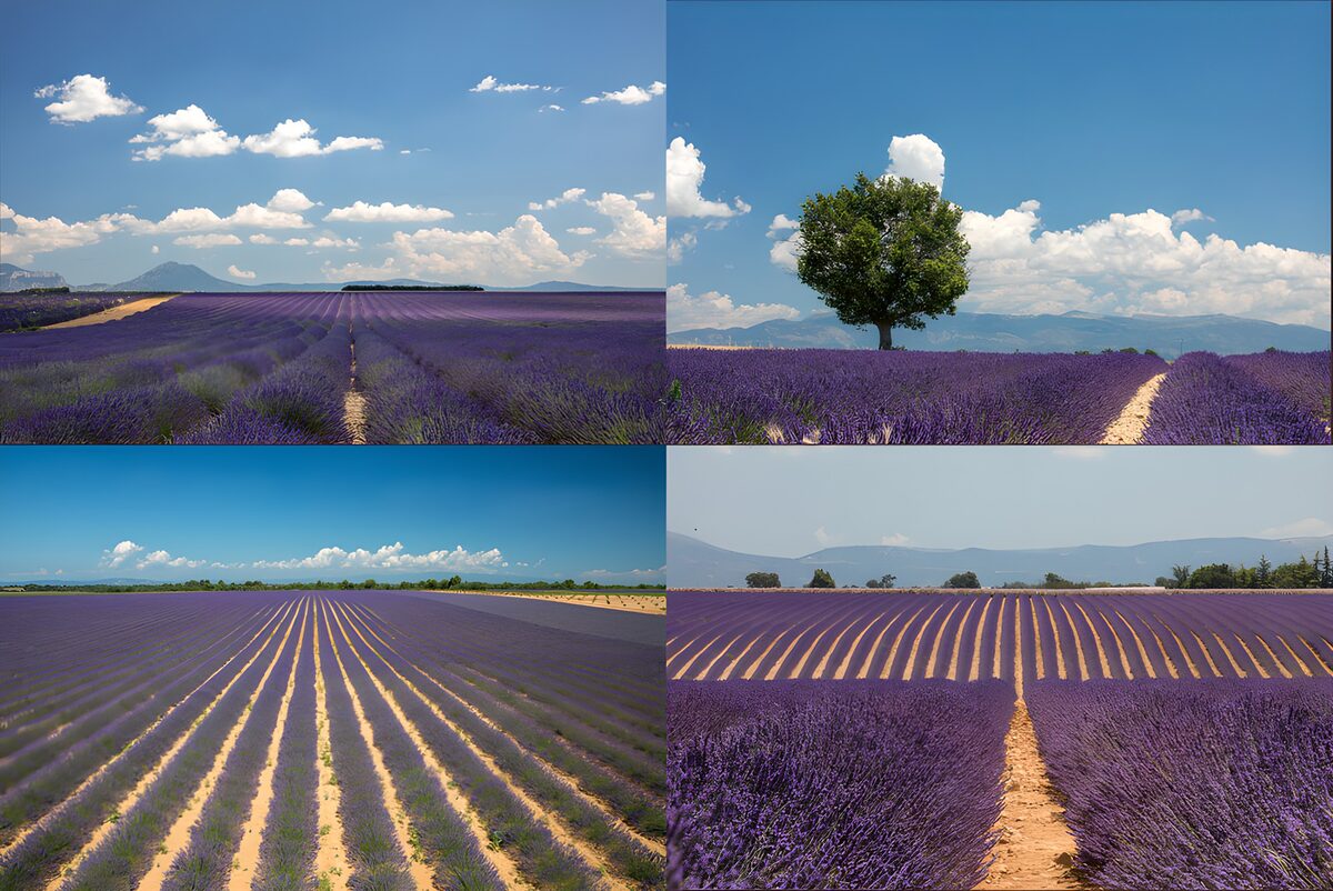 Lavender fields in a sunlit four-view collage
