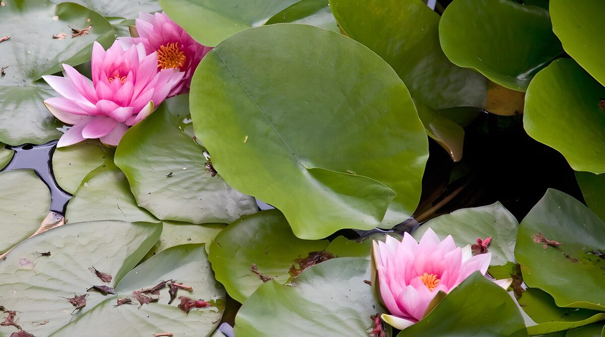 Three pink water lilies among lush pads