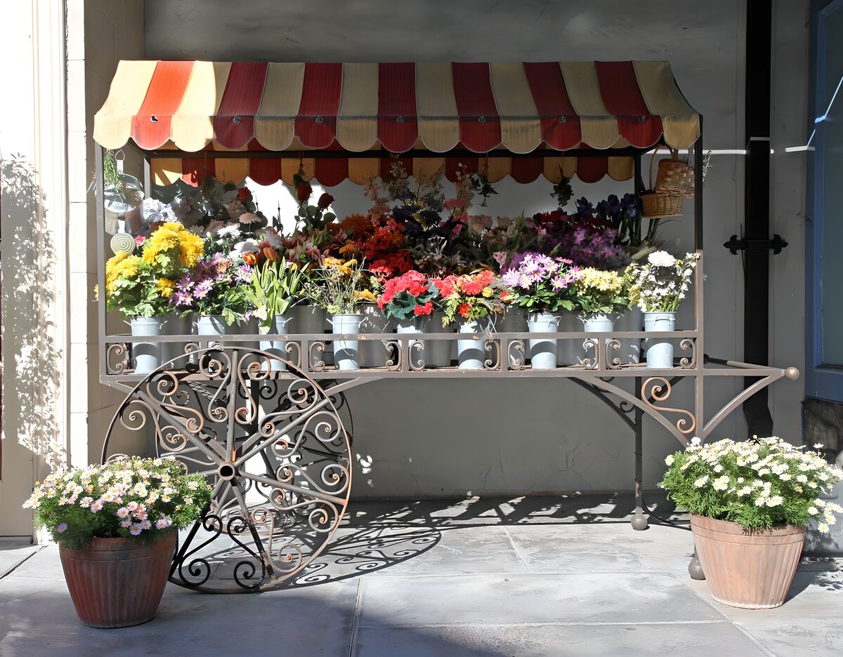 Colourful flower cart in the sunshine