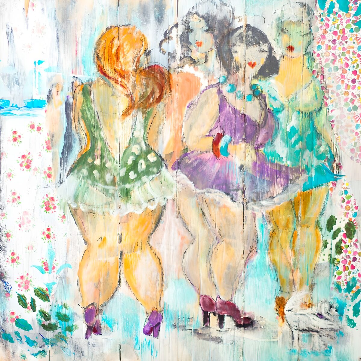 Four women in dreamy pastel dresses