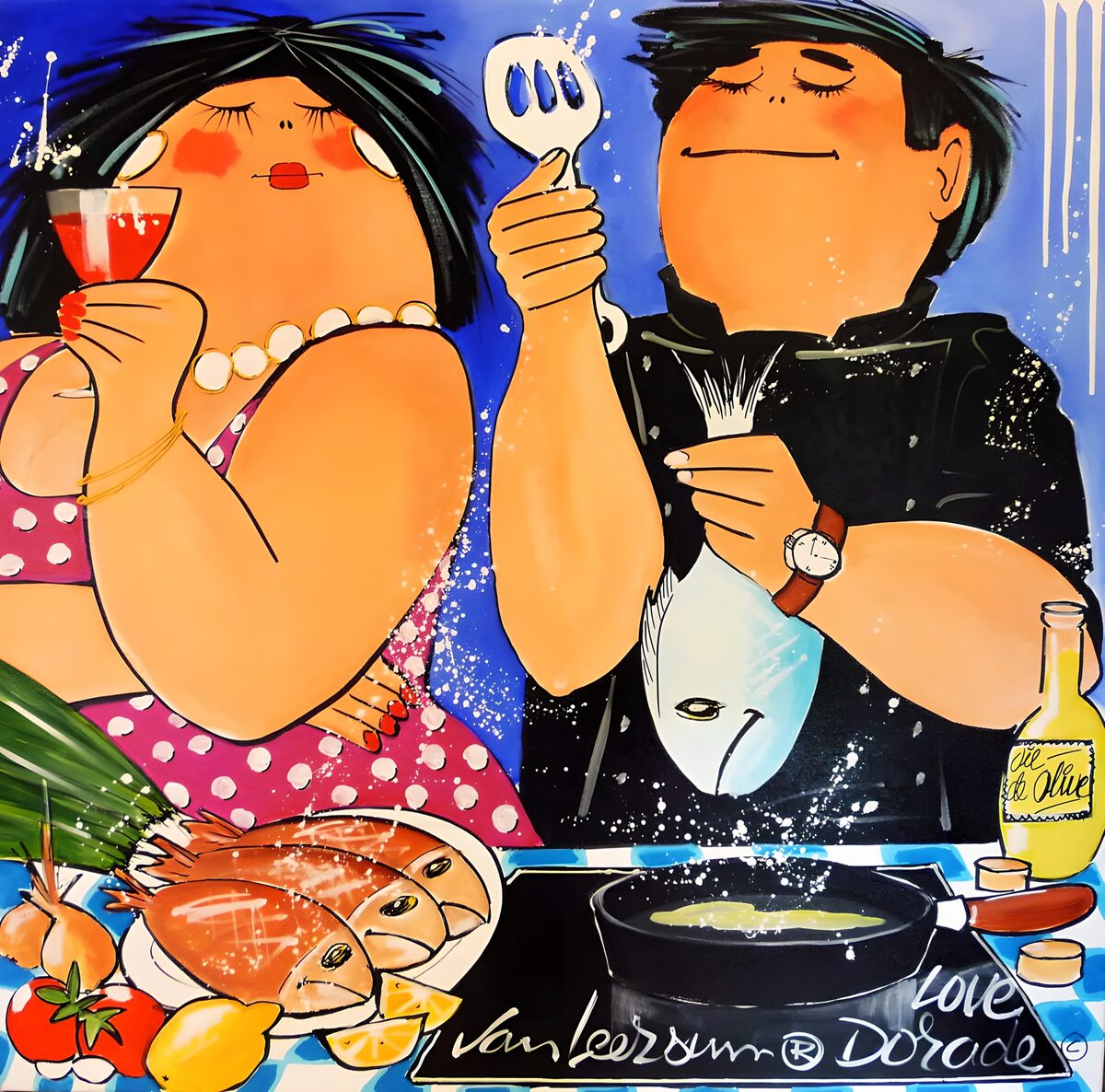 Couple cooking fish in full colour