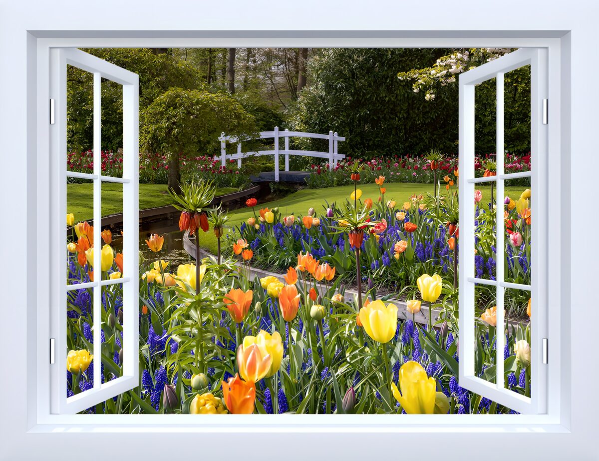 Open window onto spring tulips