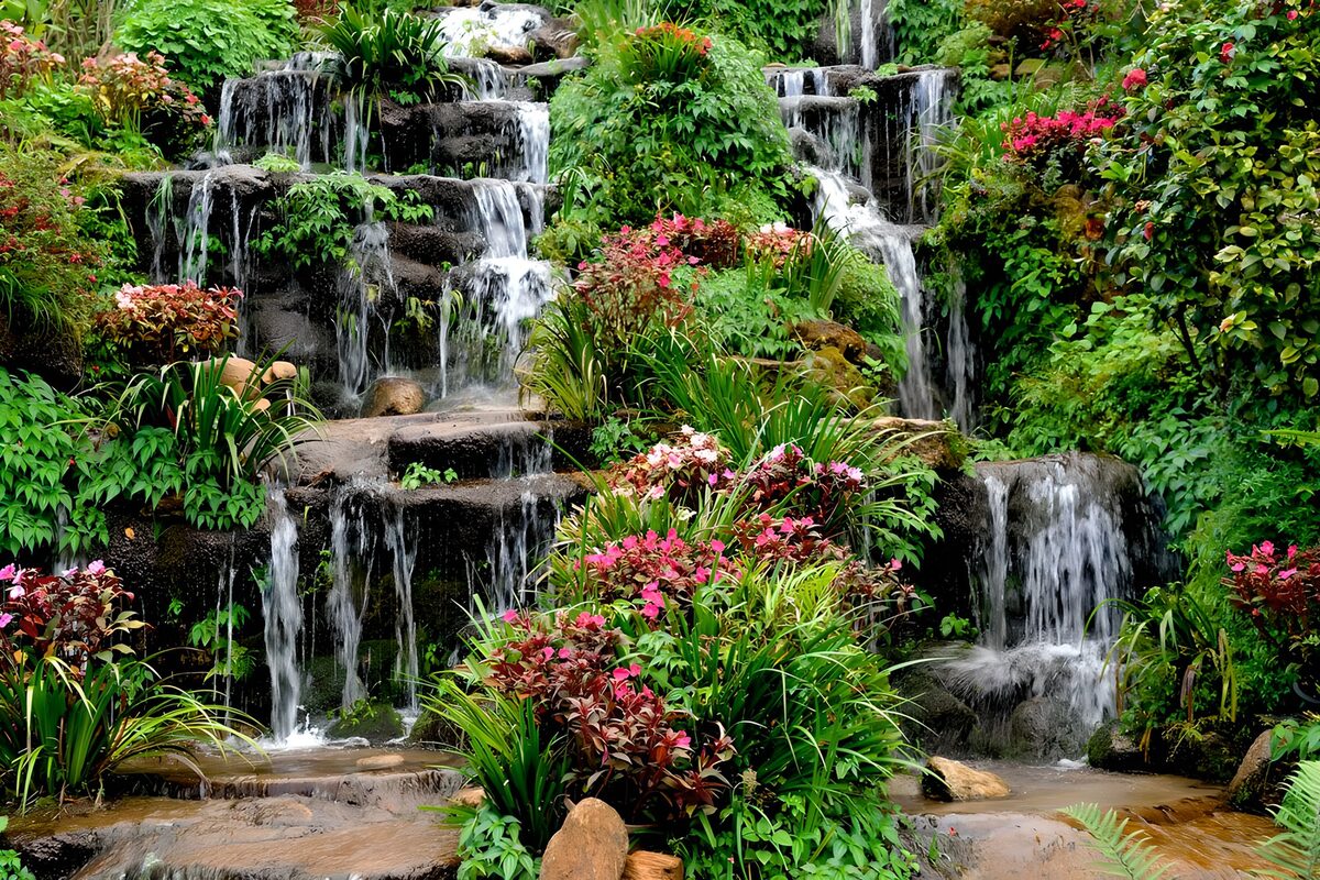Tiered garden waterfalls among lush leaves