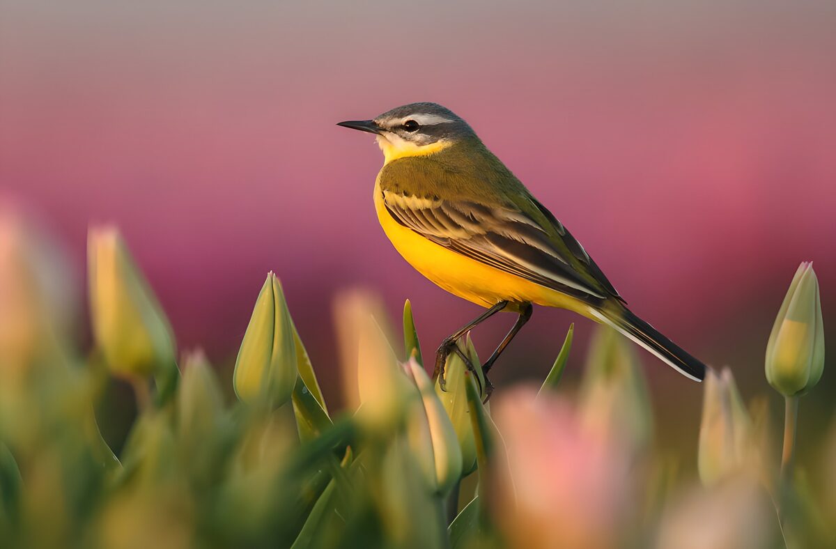Yellow wagtail on a spring tulip bud