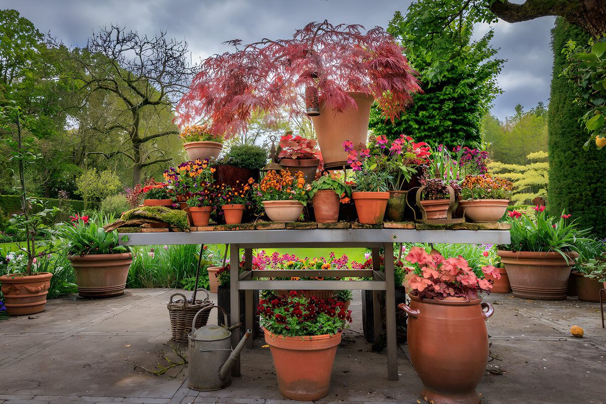 Potted flowers beneath a red-leaved maple