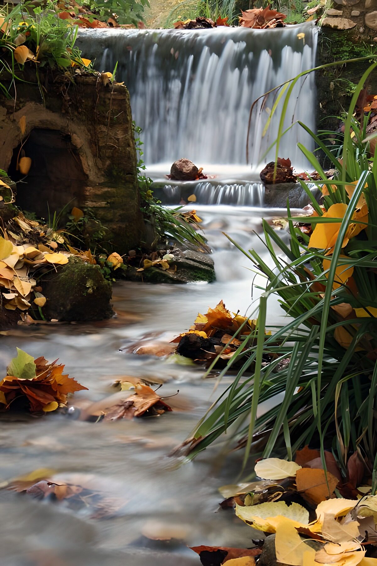 Autumn waterfall among mossy stones