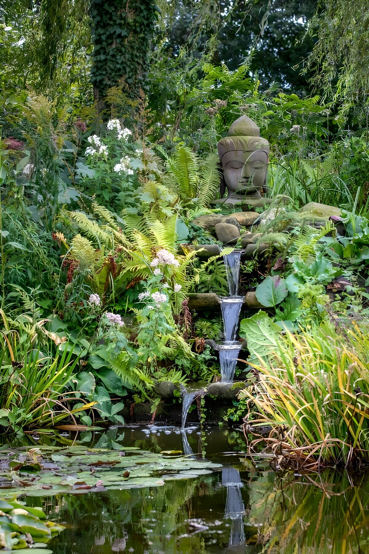 Buddha head and waterfall in the shade