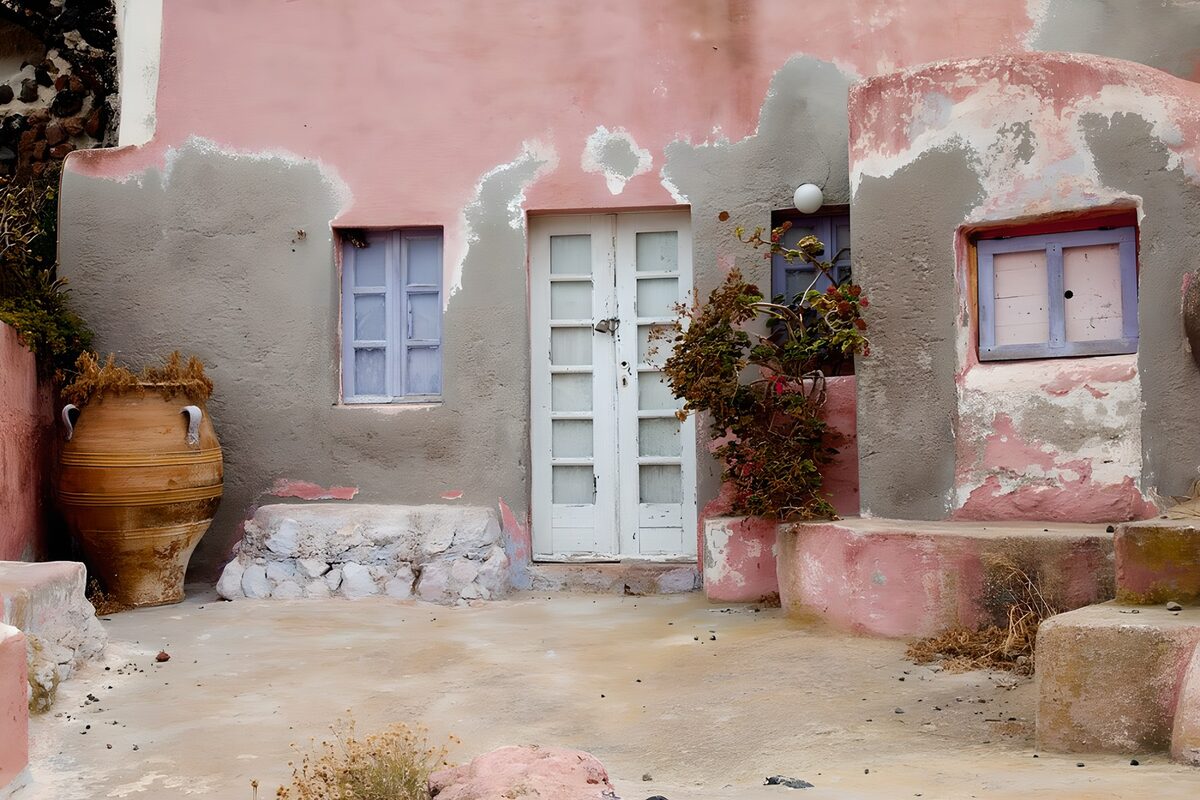 White doors in a weathered pink courtyard