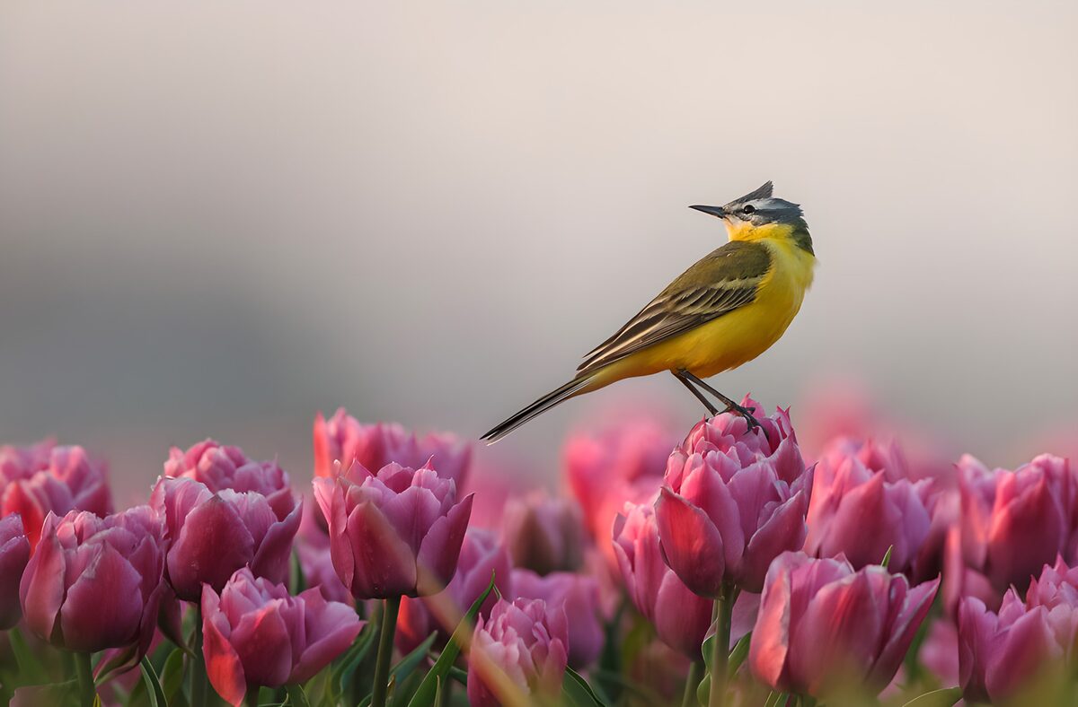 Yellow wagtail at rest on a pink tulip