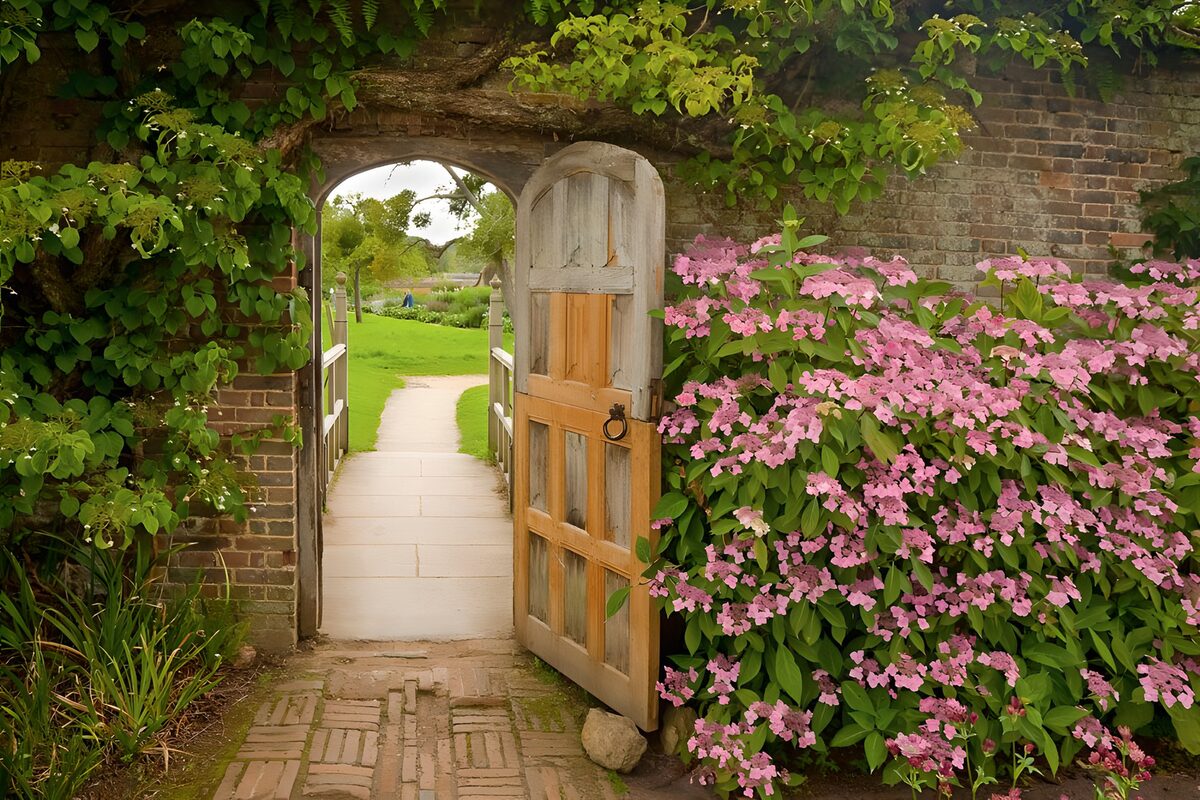 Open wooden gate and pink flowers