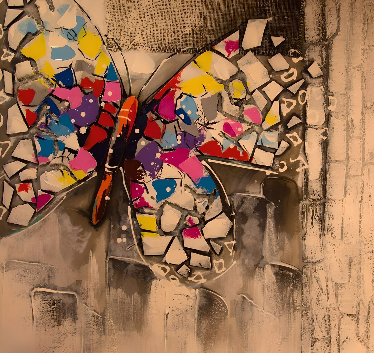 Colourful butterfly on a weathered wall