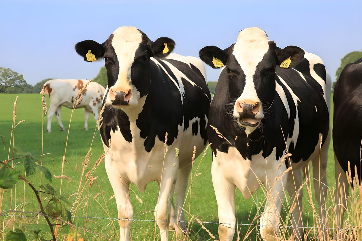 Two black-and-white cows in a quiet field