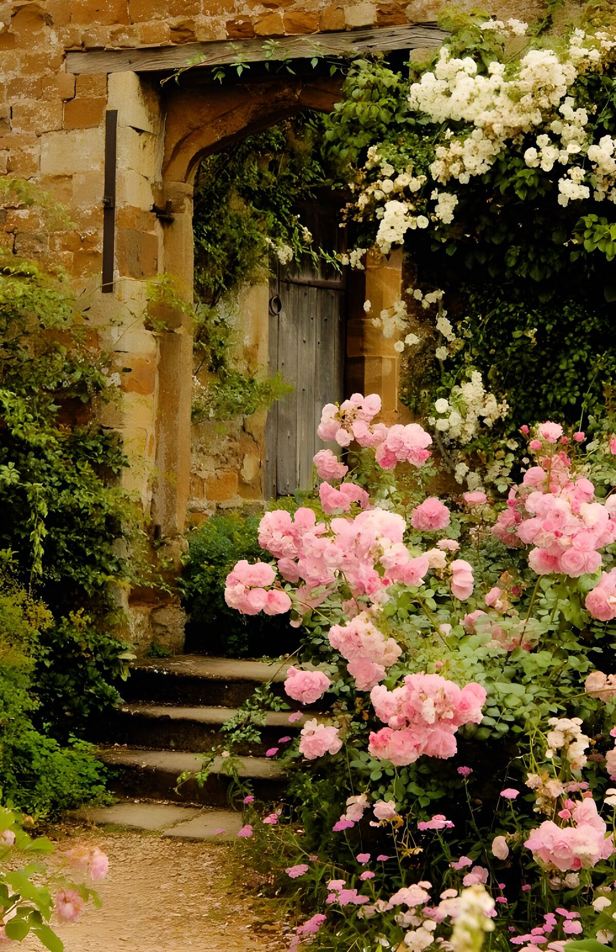 Old wooden door framed by tumbling roses