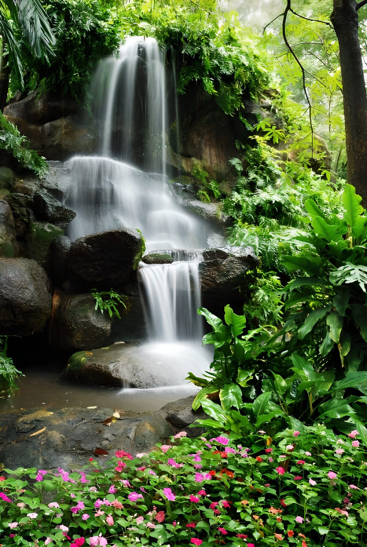 Tiered waterfall in a lush garden