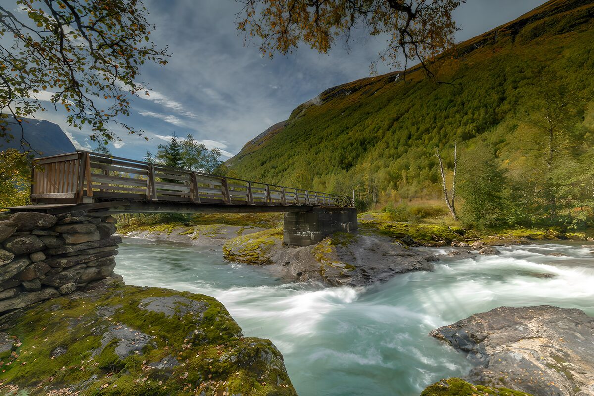 Wooden footbridge over mountain rapids
