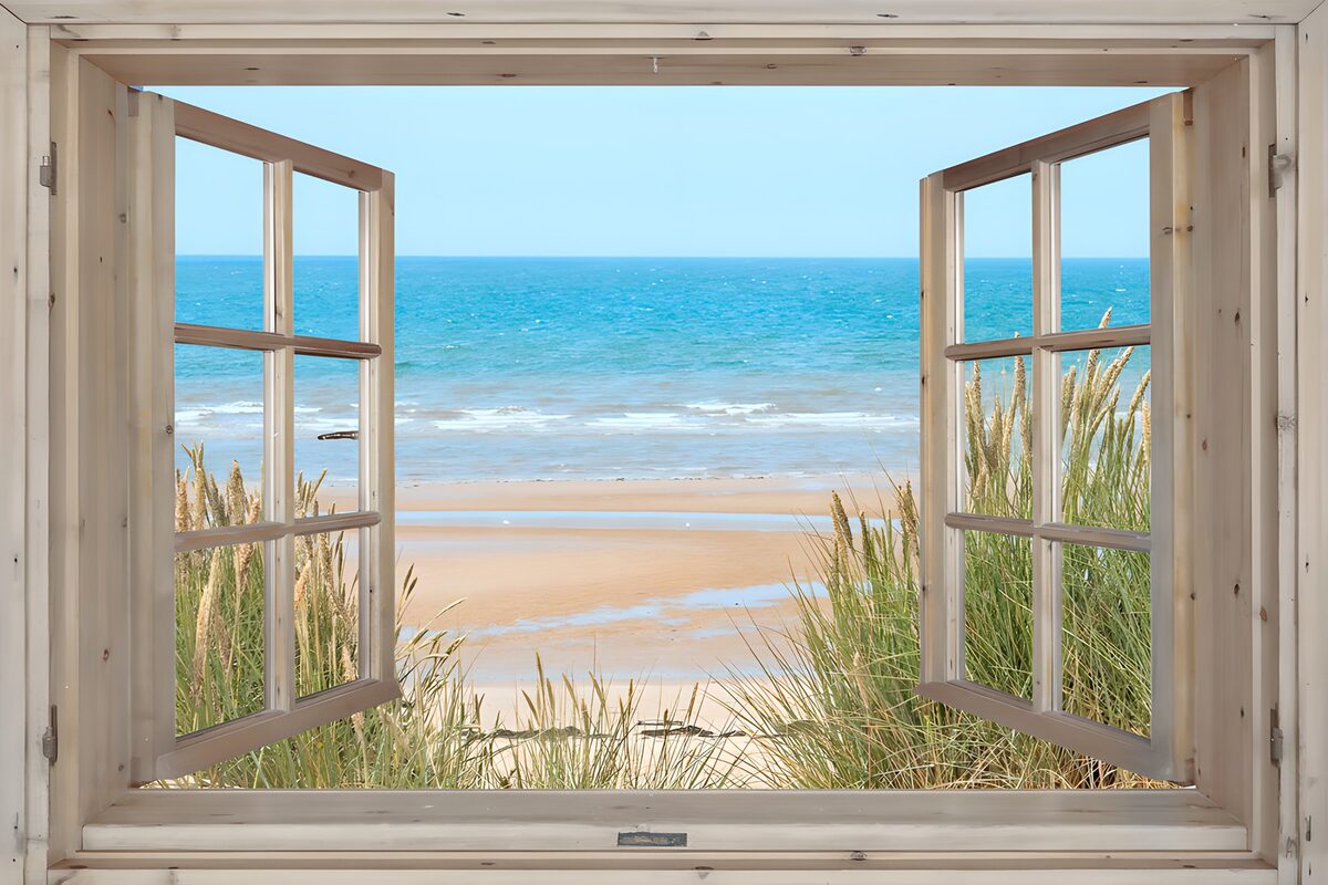 Open window over a sunlit beach
