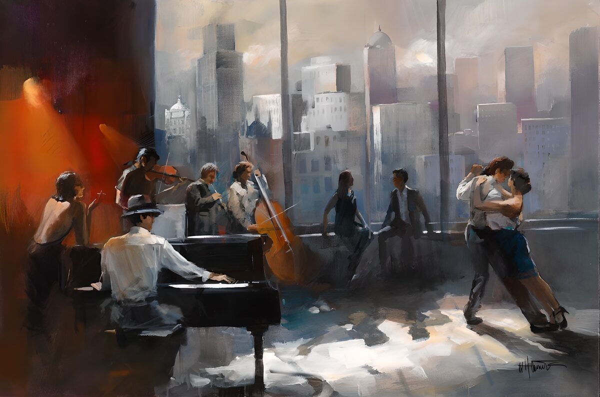 Live piano and a couple dancing close
