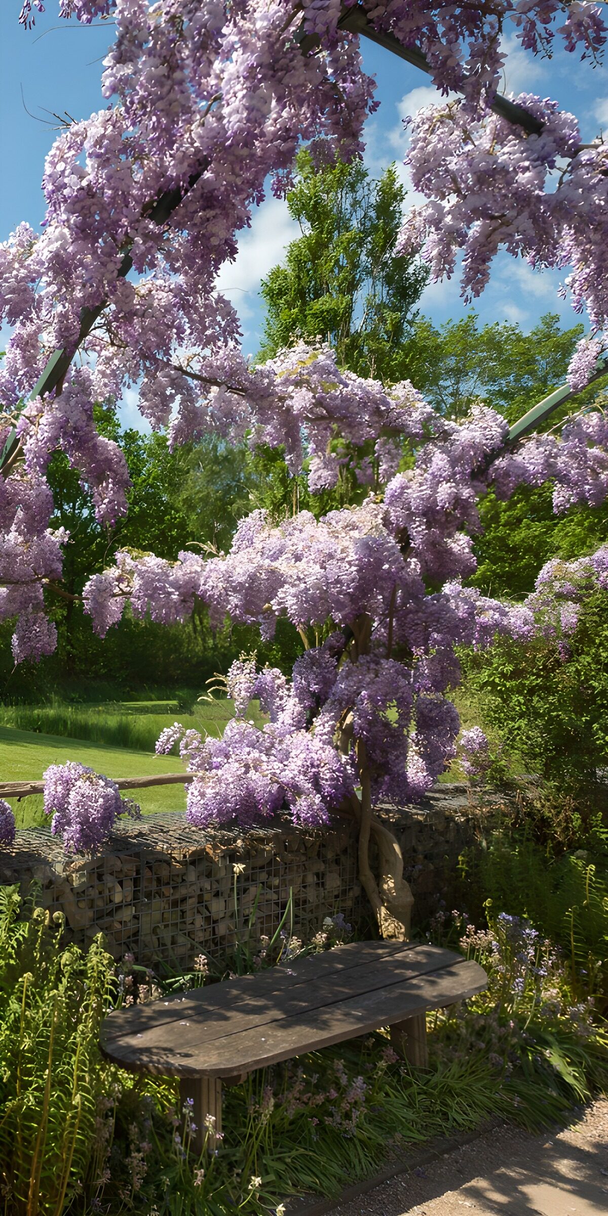 A garden bench in wisteria shade