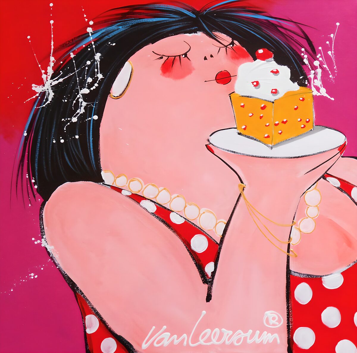 Woman with cake and a moment of bliss