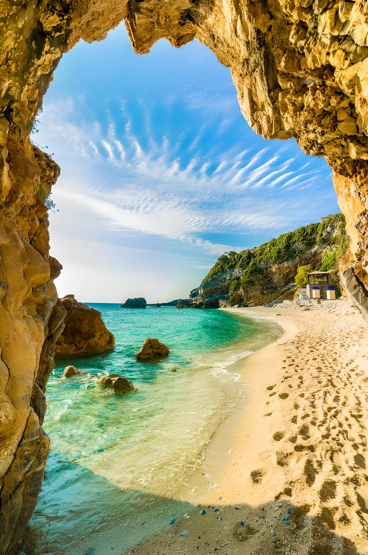 Turquoise bay framed by a rocky cave