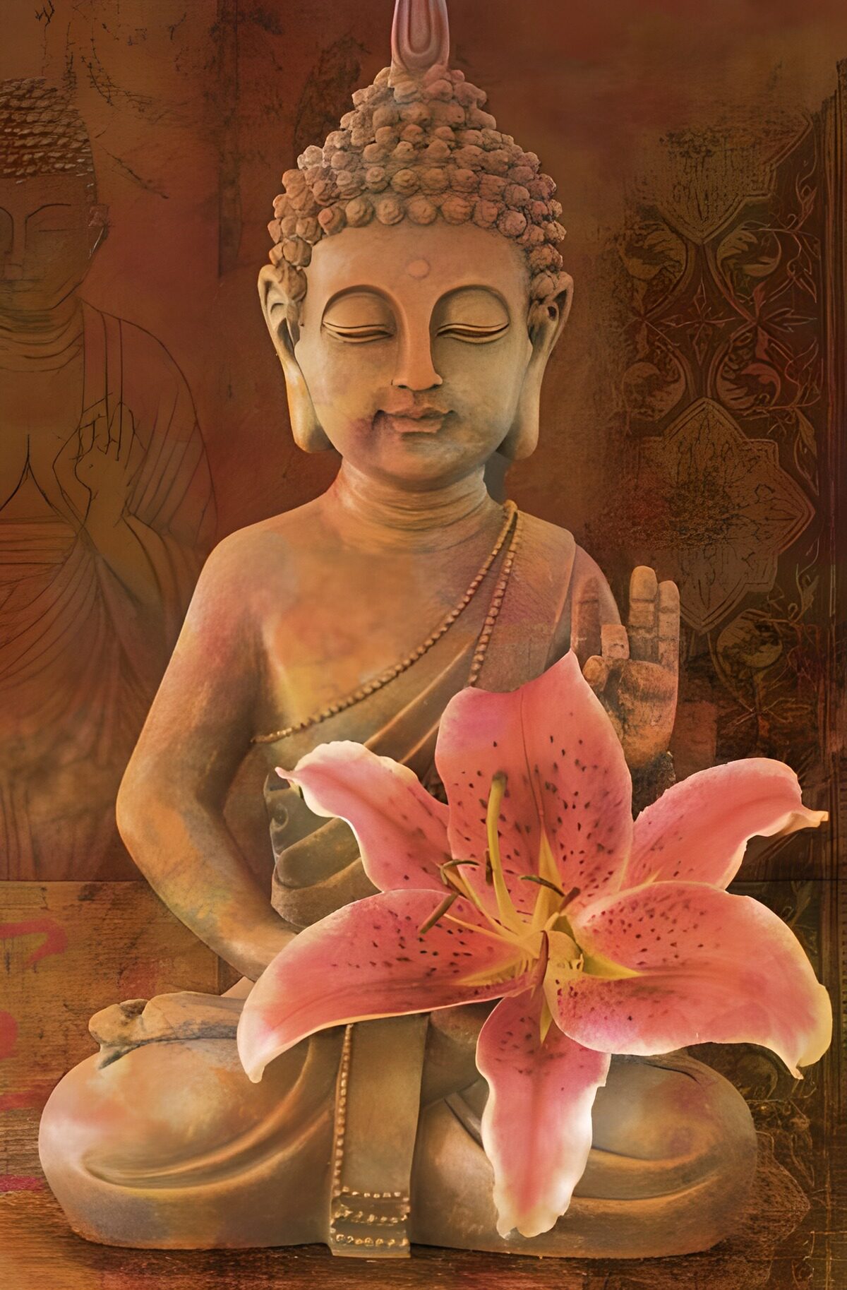 Buddha and pink lily in warm earth tones