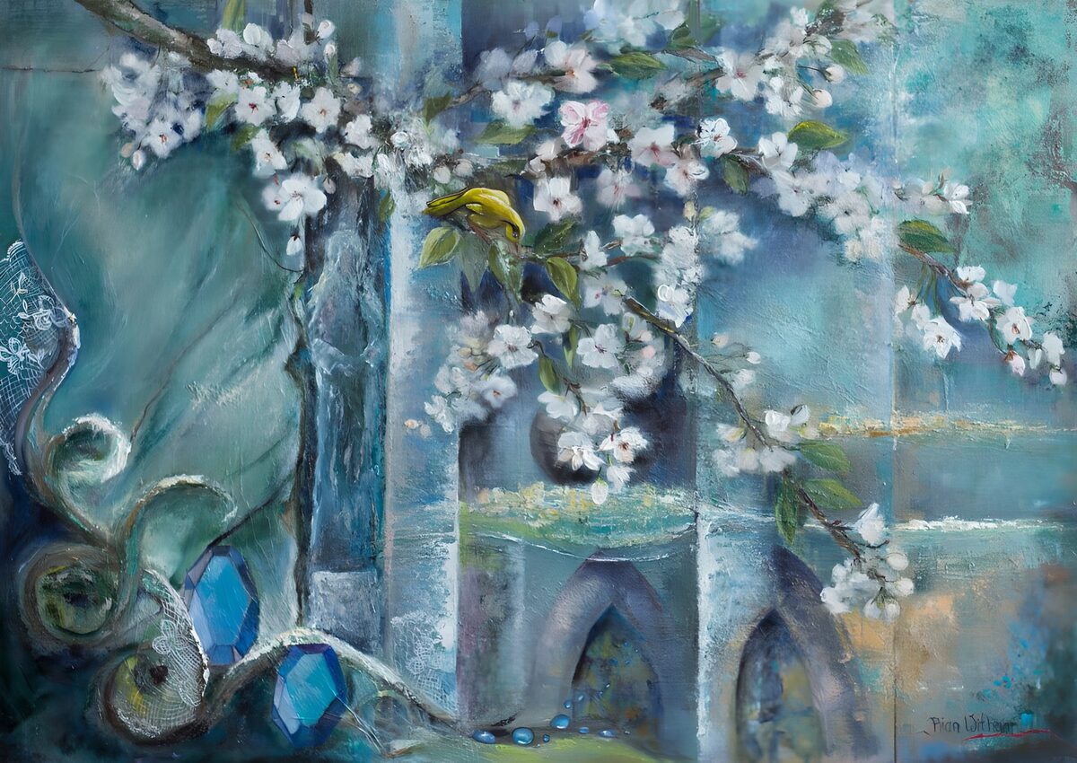 White blossom in a turquoise haze