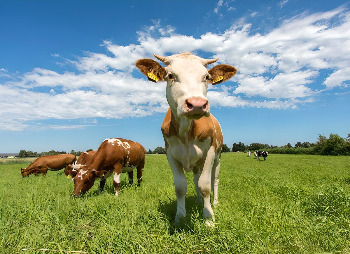 Brown-and-white cow in a sunny pasture