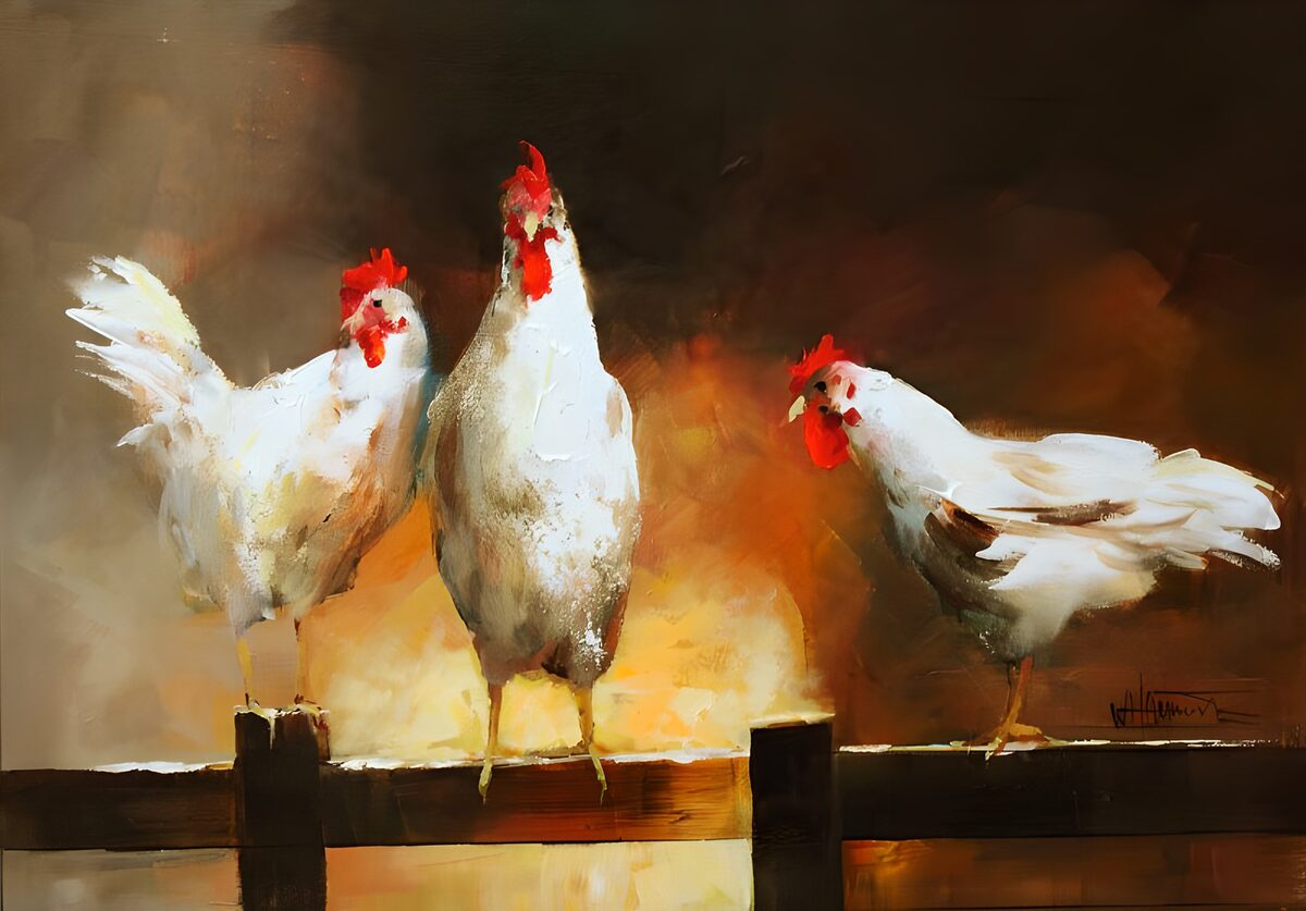 Three white chickens on a rustic fence