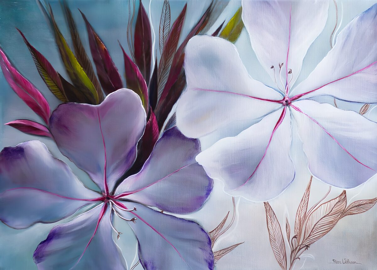 Purple and white flowers on soft blue