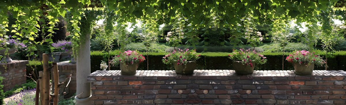 Flower pots on a sunlit brick wall