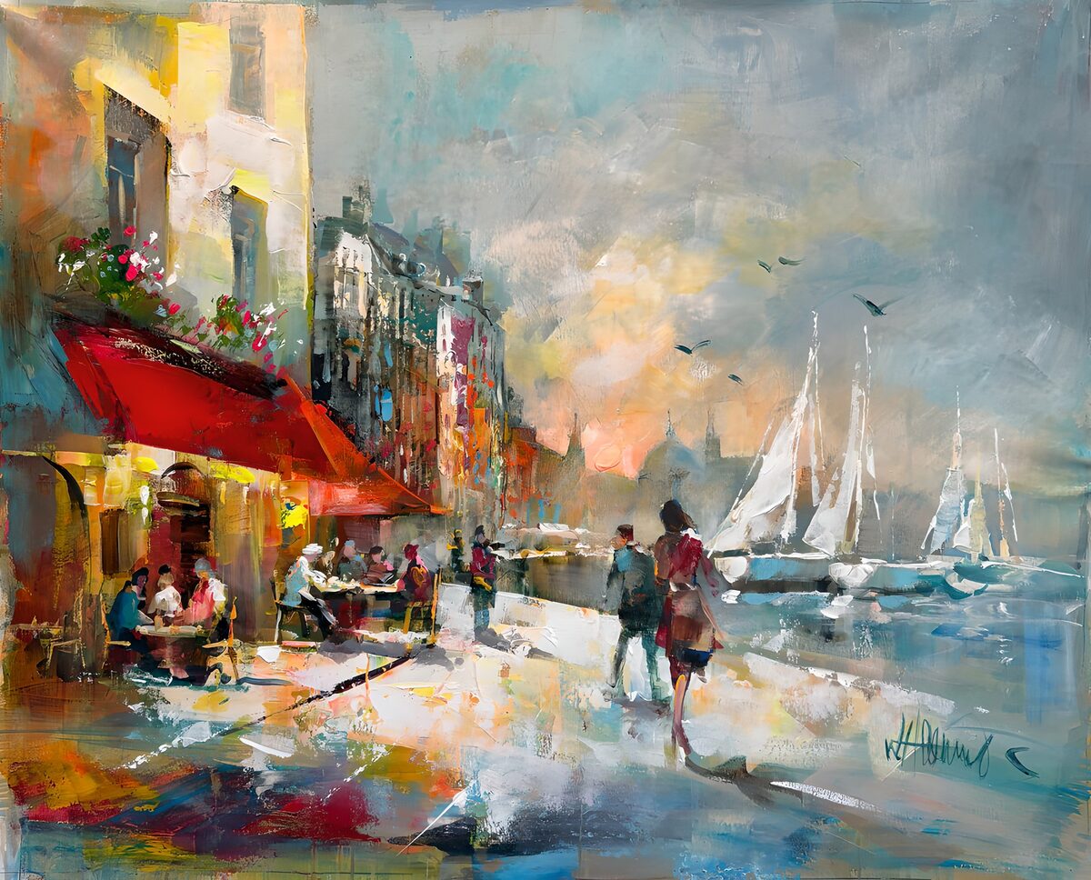 Harbour cafés and sails at sunset