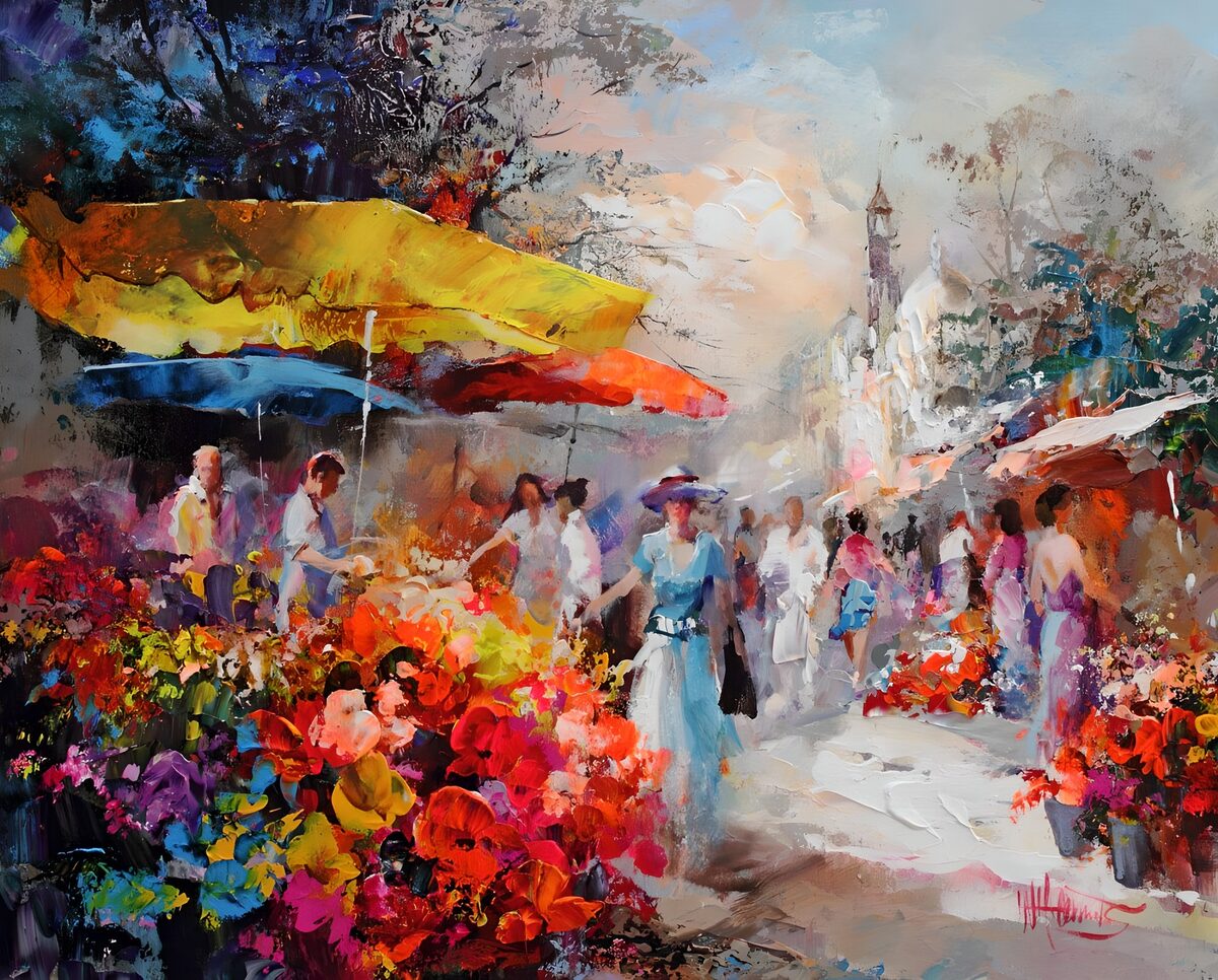 Flower stalls in summer sunshine