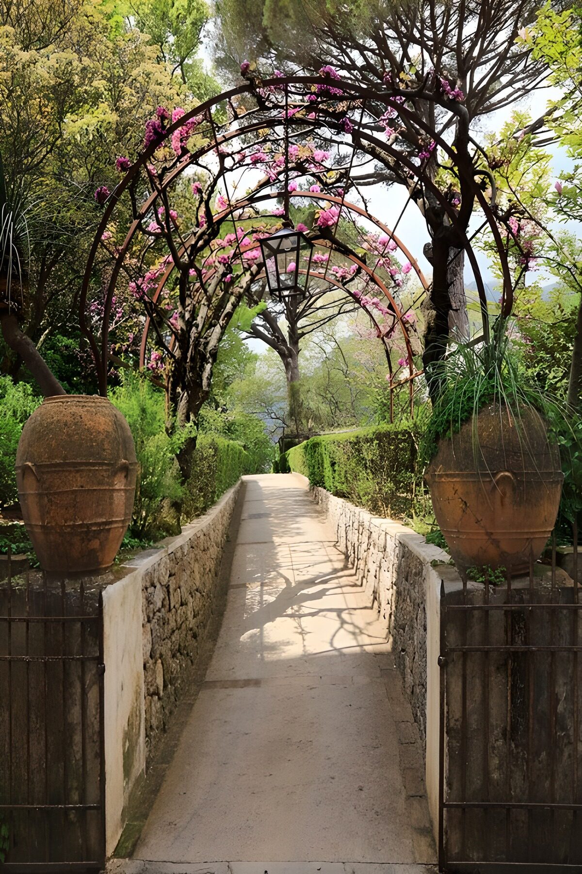 Sunlit path beneath flowering arches