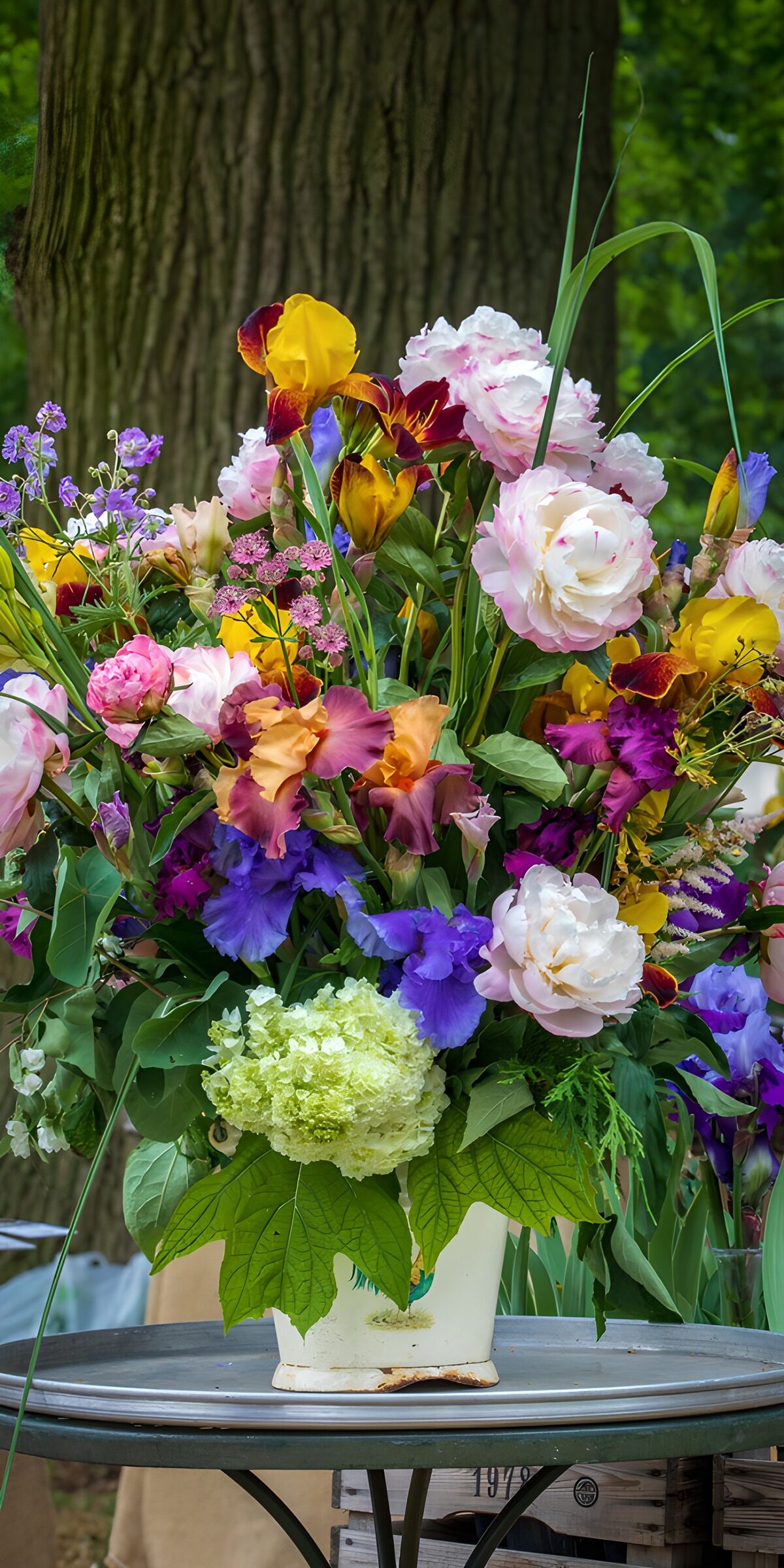 Irises and peonies in garden shade