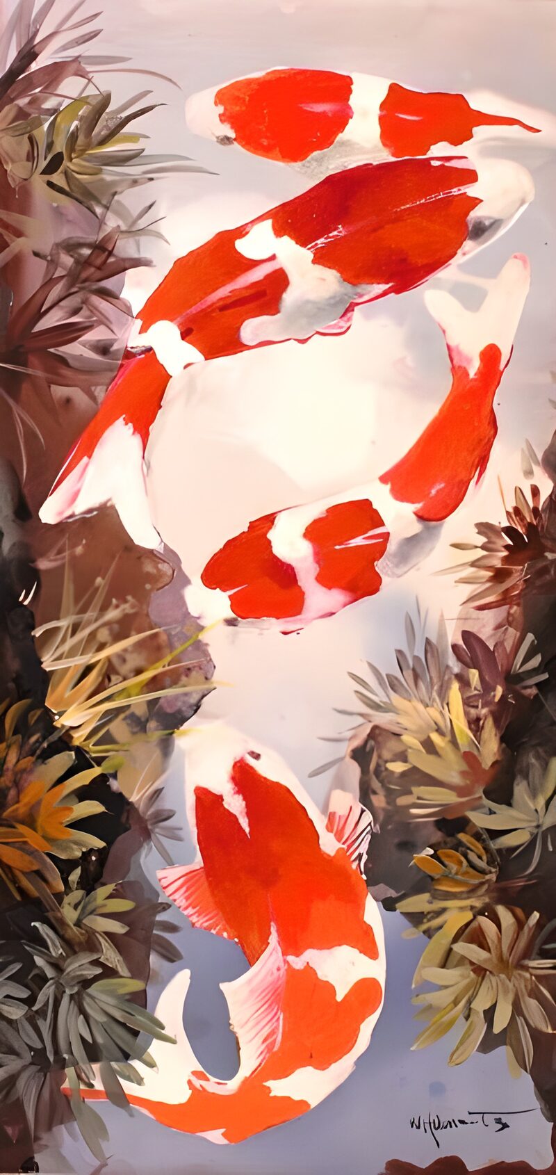 Red-and-white koi in a softly painted pond